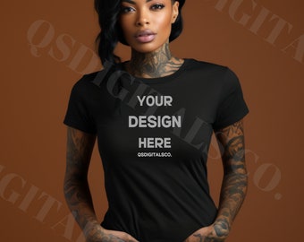 Bella Canvas 3001 Tshirt Mockup, Bella Canvas 3001 Mock Up, Black Women T-shirt Mockup, Tattooed Woman Model Mockup, BC 3001 Mockups