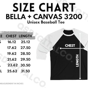 Bella Canvas 3200 Tabla de tallas / Guía de tallas de camisetas de béisbol unisex / Bella Canvas 3200 Mock Up / Guía de tallas / Maqueta de camiseta para adultos Béisbol