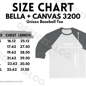 Bella Canvas 3200 Tabla de tallas / Guía de tallas de camisetas de béisbol unisex / Bella Canvas 3200 Mock Up / Guía de tallas / Maqueta de camiseta para adultos Béisbol