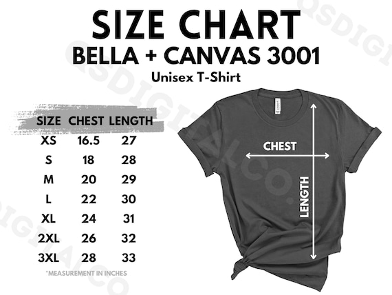 Bella Canvas 3001 Size Chart | Unisex Jersey Shirt Size Guide