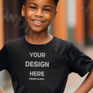 Bella Canvas 3001Y Tshirt Mockup, Bella Canvas 3001Y Mock Up,  Kids T-shirt Mockup, Black Kid Model Mockup, Bella Canvas 3001T, Youth Mockup