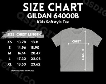 Gildan 64000B Tabella delle taglie / Guida alle taglie delle magliette per bambini / Gildan 64000B Mock Up / Guida alle taglie / Mockup delle magliette per bambini / Mock per t-shirt per bambini