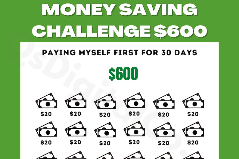 May include: A visual representation of a money-saving challenge to save $600 in 30 days. The image shows 30 black and white illustrations of $20 bills, with the text "PAYING MYSELF FIRST FOR 30 DAYS" and "$600" above the bills.