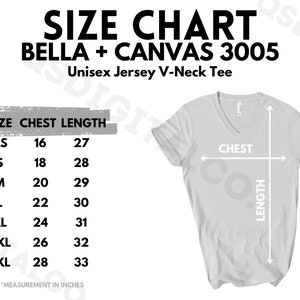 Bella Canvas 3005 Tabla de tallas / Guía de tallas de camiseta unisex Jersey V Neck / Bella Canvas 3005 Mock Up / Guía de tallas / Maqueta de camiseta para adultos con cuello en V