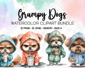 Paquete de imágenes prediseñadas de acuarela de perros gruñones, café, PNG JPG, imágenes prediseñadas de perros gruñones lindos, PNG transparente, sublimación de perros, manualidades de papel digital