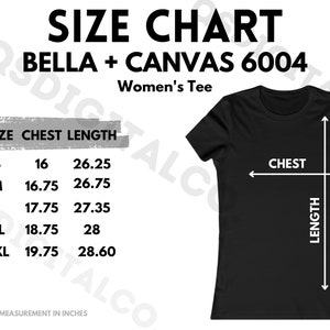 Bella Canvas 6004 Tabla de tallas / Guía de tallas de camisetas para mujeres / Bella Canvas 6400 Mock Up / Guía de tallas / Maqueta de camiseta para mujeres adultas / Digital