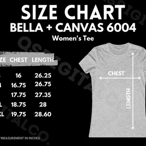 Bella Canvas 6004 Tabla de tallas / Guía de tallas de camisetas para mujeres / Bella Canvas 6400 Mock Up / Guía de tallas / Maqueta de camiseta para mujeres adultas / Digital