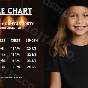 Halloween Bella Canvas 3001Y Tabla de tallas / Guía de tallas de camisas de jersey para niños jóvenes, Maqueta Bella Canvas 3001Y, Guía de tallas, Maqueta de camiseta para niños