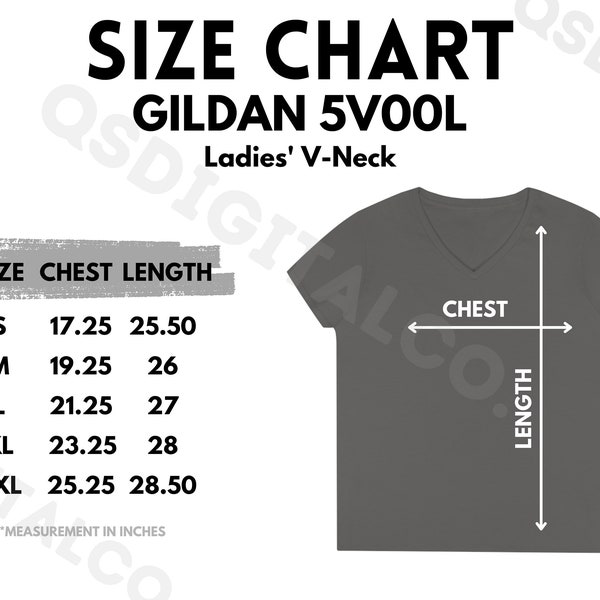 Gildan 5V00L Size Chart | Ladies' V-Neck Shirt Size Guide | Gildan 5V00L Mock Up | Sizing Guide | Women T-shirt Mockup