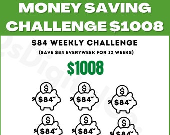 May include: A green and white graphic with the text "MONEY SAVING CHALLENGE $1008" and "$84 WEEKLY CHALLENGE (SAVE $84 EVERYWEEK FOR 12 WEEKS)". The graphic also shows a total of six piggy banks with the text "$84" on each.