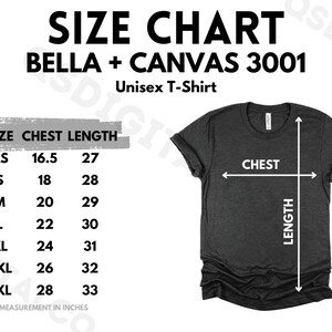 Bella Canvas 3001 Tabla de tallas / Guía de tallas de camisas de Jersey unisex / Bella Canvas 3001 Mock Up / Guía de tallas / Maqueta de camiseta para adultos / Digital