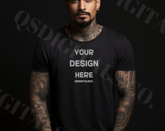 May include: A black t-shirt with the text "YOUR DESIGN HERE" and "QSDIGITALSCO." printed in white on the front.