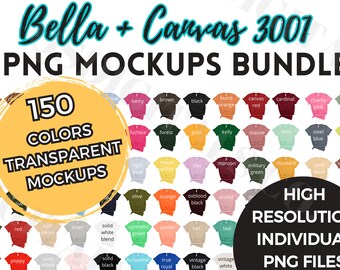 Bella Canvas 3001 PNG Mockup Bundle, BC 3001 Mockup, Bella Canvas 3001 Transparent PNG Mockup, Solid + Heather Farben Transparenter Hintergrund