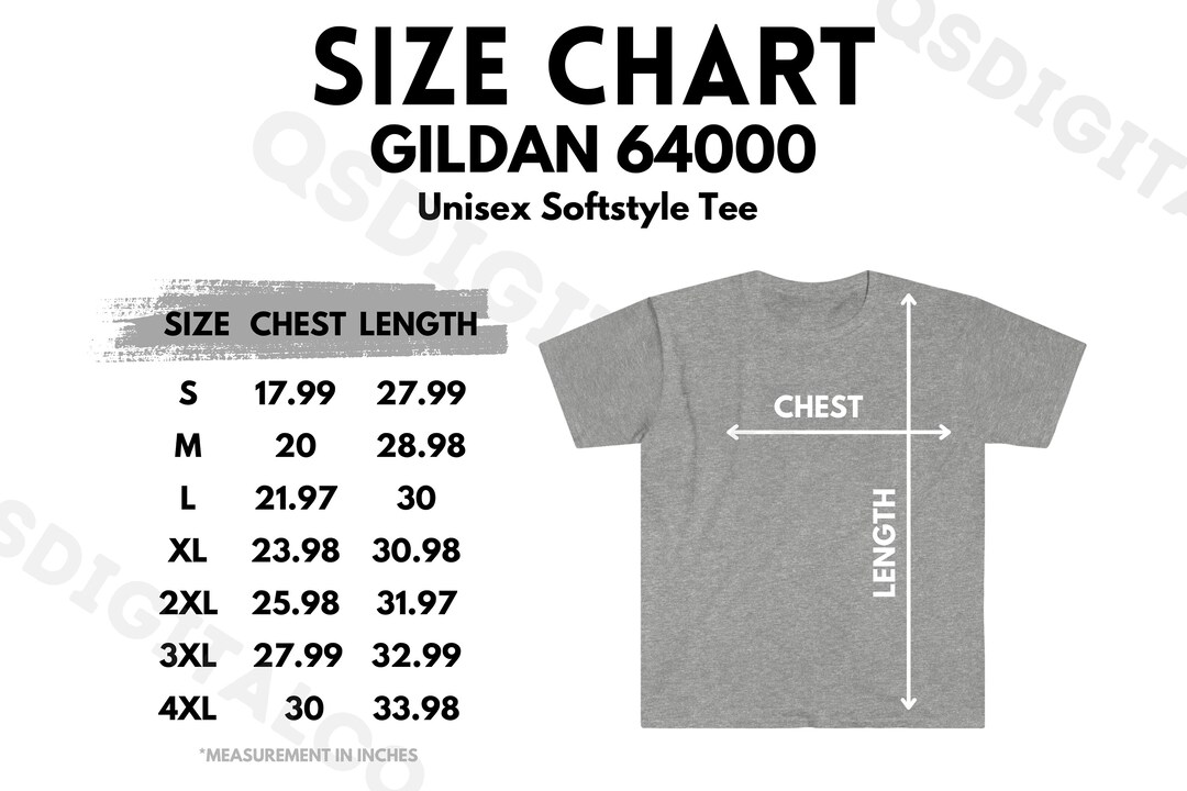 Gildan 64000 Size Chart | Unisex T-shirt Size Guide | Gildan 64000