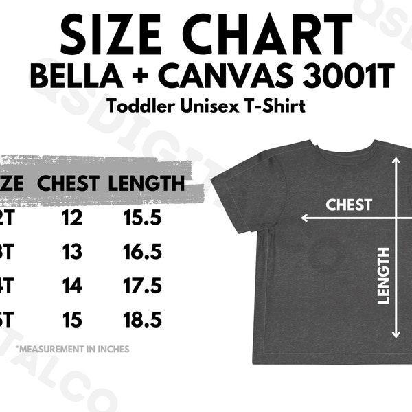 Bella Canvas 3001T Size Chart | Toddler Jersey Shirt Size Guide | Bella Canvas 3001T Mock Up | Sizing Guide | Toddler T-shirt Mockup