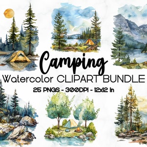 Clipart de acampamento em aquarela, 25 gráficos PNG, ilustrações de acampamento, clipart de paisagem de montanha, clipart em aquarela, uso comercial, digital