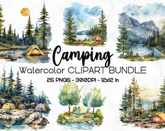 Imágenes prediseñadas de camping en acuarela, 25 gráficos PNG, ilustraciones de camping, imágenes prediseñadas de paisaje de montaña, imágenes prediseñadas de acuarela, uso comercial, digital