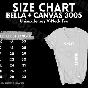 Bella Canvas 3005 Tabla de tallas / Guía de tallas de camiseta unisex Jersey V Neck / Bella Canvas 3005 Mock Up / Guía de tallas / Maqueta de camiseta para adultos con cuello en V