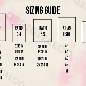 May include: A sizing guide for prints with different aspect ratios and sizes. The guide includes ratios of 2:3, 3:4, and 4:5, as well as standard paper sizes like A1-A5 (ISO) and 11x14 inches. The guide lists various dimensions in inches, such as 4x6, 8x12, 12x18, 16x24, 20x30, and 24x36.