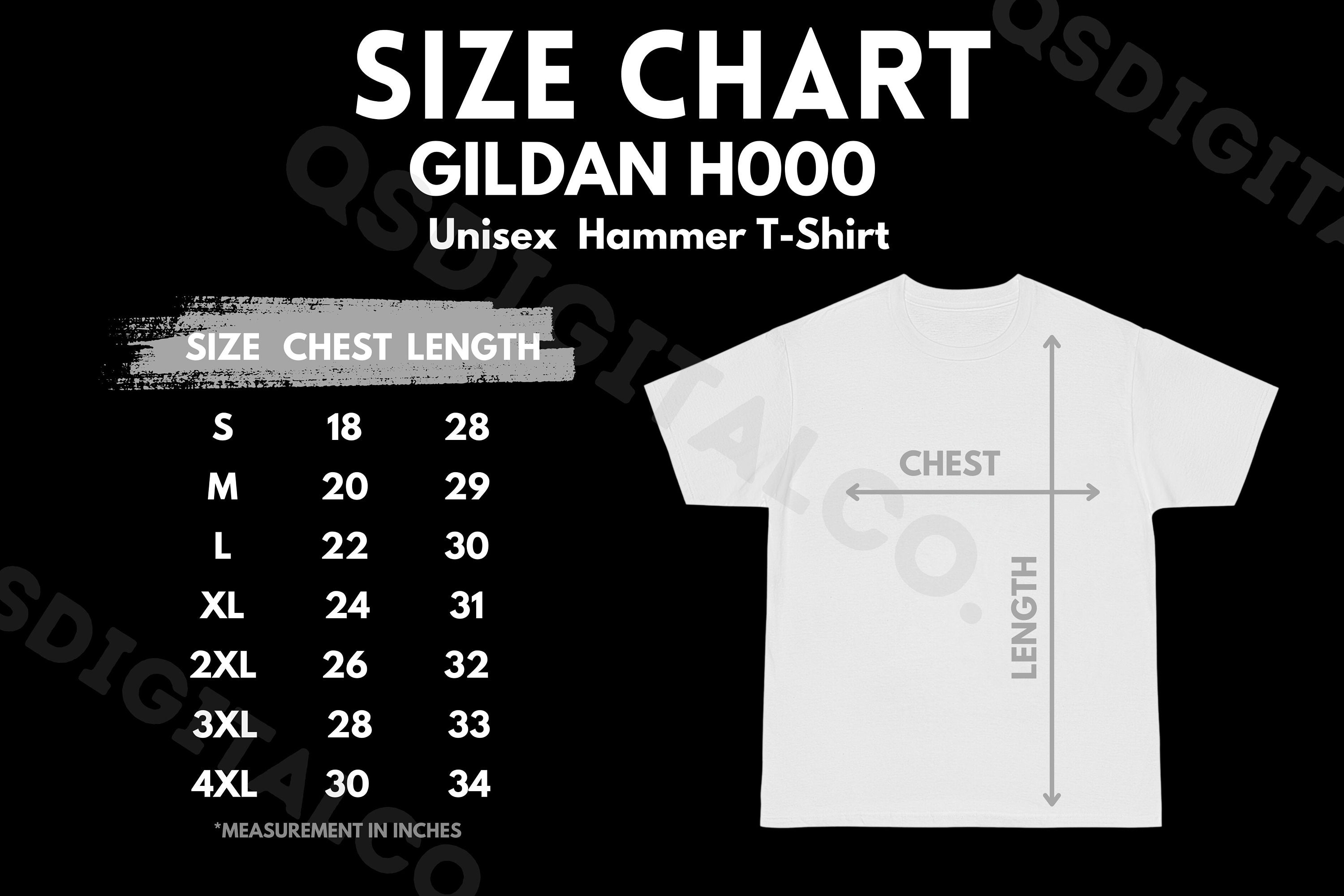 Gildan H000 Size Chart | Unisex T-shirt Size Guide | Gildan H000
