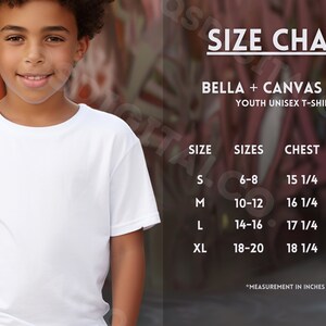Bella Canvas 3001Y Size Chart | Youth Kids Jersey Shirt Size Guide | Bella Canvas 3001Y Mock Up | Sizing Guide | Kids T-shirt Mockup