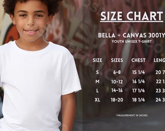 Bella Canvas 3001Y Size Chart | Youth Kids Jersey Shirt Size Guide | Bella Canvas 3001Y Mock Up | Sizing Guide | Kids T-shirt Mockup