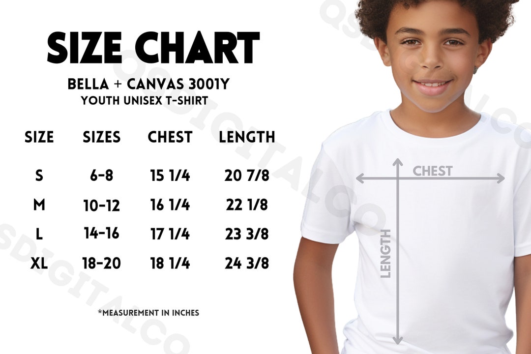 Bella Canvas 3001Y Size Chart Youth Kids Shirt Sizing Guide, Bella ...