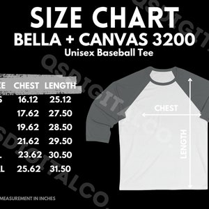 Bella Canvas 3200 Tabla de tallas / Guía de tallas de camisetas de béisbol unisex / Bella Canvas 3200 Mock Up / Guía de tallas / Maqueta de camiseta para adultos Béisbol