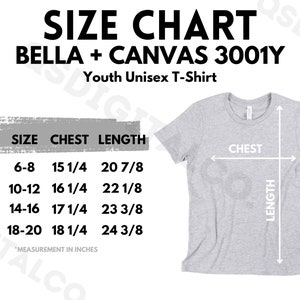 Tabla de tallas de Bella Canvas 3001Y / Guía de tallas de camiseta de jersey para niños jóvenes / Modelo de Bella Canvas 3001Y / Guía de tallas / Modelo de camiseta para niños