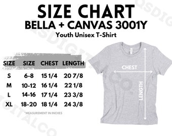 Tabla de tallas de Bella Canvas 3001Y / Guía de tallas de camiseta de jersey para niños jóvenes / Modelo de Bella Canvas 3001Y / Guía de tallas / Modelo de camiseta para niños