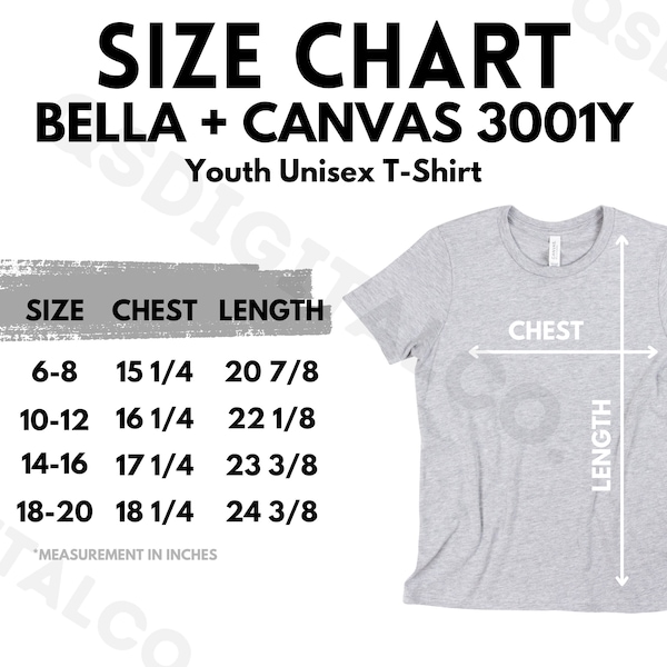 Bella Canvas 3001Y Size Chart | Youth Kids Jersey Shirt Size Guide | Bella Canvas 3001Y Mock Up | Sizing Guide | Kids T-shirt Mockup