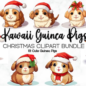 Christmas Kawaii Guinea Pigs Clipart Bundle, PNG JPG Cute Xmas Clipart, Transparent PNG, Mugs, Card Making, T-Shirts, Digital Paper Craft