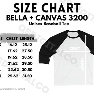 Bella Canvas 3200 Tabla de tallas / Guía de tallas de camisetas de béisbol unisex / Bella Canvas 3200 Mock Up / Guía de tallas / Maqueta de camiseta para adultos Béisbol