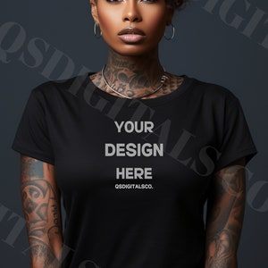 Bella Canvas 3001 Tshirt Mockup, Bella Canvas 3001 Mock Up, Black Women T-shirt Mockup, Tattooed Woman Model Mockup, BC 3001 Mockups