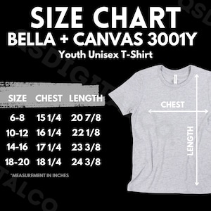 Bella Canvas 3001Y Size Chart | Youth Kids Jersey Shirt Size Guide | Bella Canvas 3001Y Mock Up | Sizing Guide | Kids T-shirt Mockup