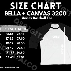 Bella Canvas 3200 Tabla de tallas / Guía de tallas de camisetas de béisbol unisex / Bella Canvas 3200 Mock Up / Guía de tallas / Maqueta de camiseta para adultos Béisbol