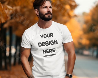 Fall Bella Canvas 3001 Tshirt Mockup | Bella Canvas 3001 Mock Up, Autumn T-Shirt Mockup, Men T-shirt Mockup, Fall Mockup, BC 3001 Mockups