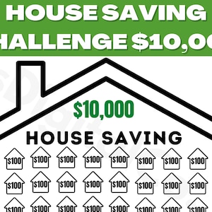 May include: A black and white illustration of a house with the text "HOUSE SAVING CHALLENGE $10,000" at the top and "$10,000 HOUSE SAVING" below the house. The house is made up of 30 smaller houses, each with the text "$100" inside.