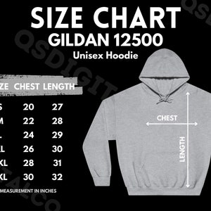 Gildan 12500 Size Chart | Unisex Hoodie Size Guide | Gildan 12500