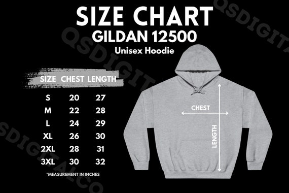 Gildan 12500 Size Chart | Unisex Hoodie Size Guide | Gildan 12500