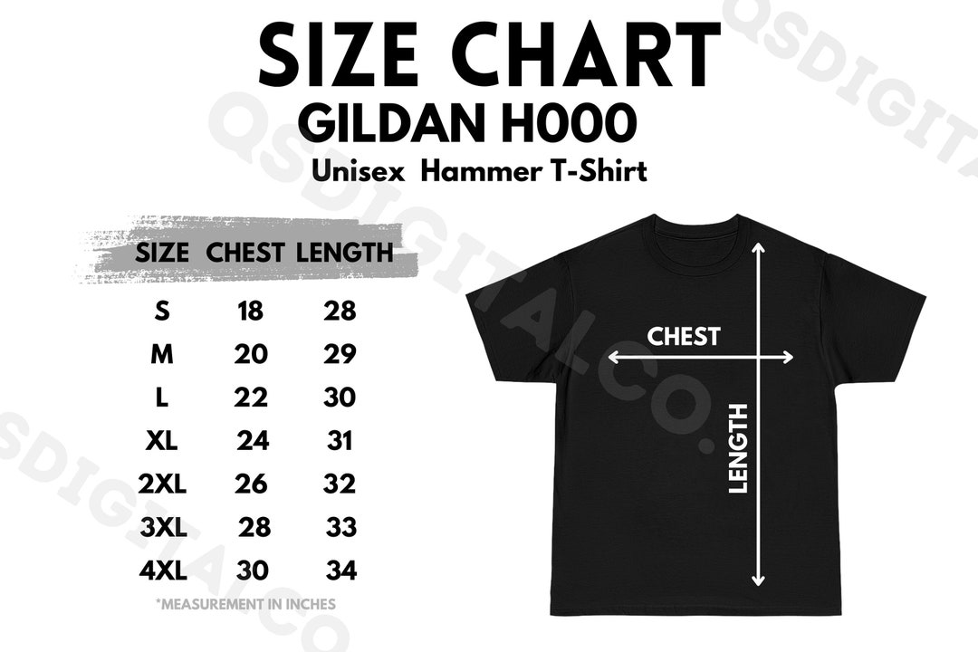 Gildan H000 Size Chart Unisex T-shirt Size Guide Gildan H000 Mock up ...