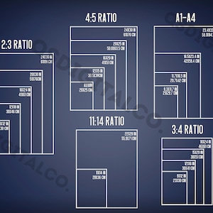 以下が含まれることがあります： 画像や印刷物のアスペクト比を異なる比率で示した図。2:3、4:5、11:14、3:4、A1-A4など。図には、各アスペクト比の寸法がインチとセンチメートルで示されています。