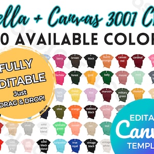 Carta de colores editable Bella Canvas 3001 CVC, Carta de colores BC 3001, Maqueta Bella Canvas 3001, Maqueta de camiseta para adultos, Plantilla Canva de carta de colores