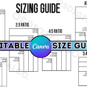 May include: A chart with a white background and black outlines shows different aspect ratios for images and their corresponding sizes in inches and centimeters. The chart is titled "Editable Canva Size Guide".