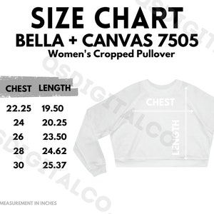Bella Canvas 7505 Tabla de tallas / Guía de tallas de sudadera con capucha recortada para mujeres / Bella Canvas 7505 Mock Up / Guía de tallas / Maqueta de jersey recortada para mujeres