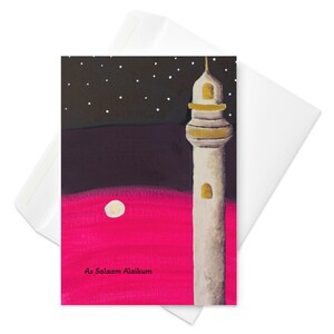 Cartão de felicitações islâmico, cartão de felicitações para crianças, arte islâmica, minerette rosa, noite do poder, ramadã, muçulmano, Eid infantil, hajj
