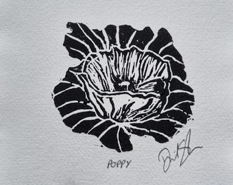 Poppy: floraler Kunstdruck, hochwertiger handgearbeiteter schwarz weißer Linoldruck