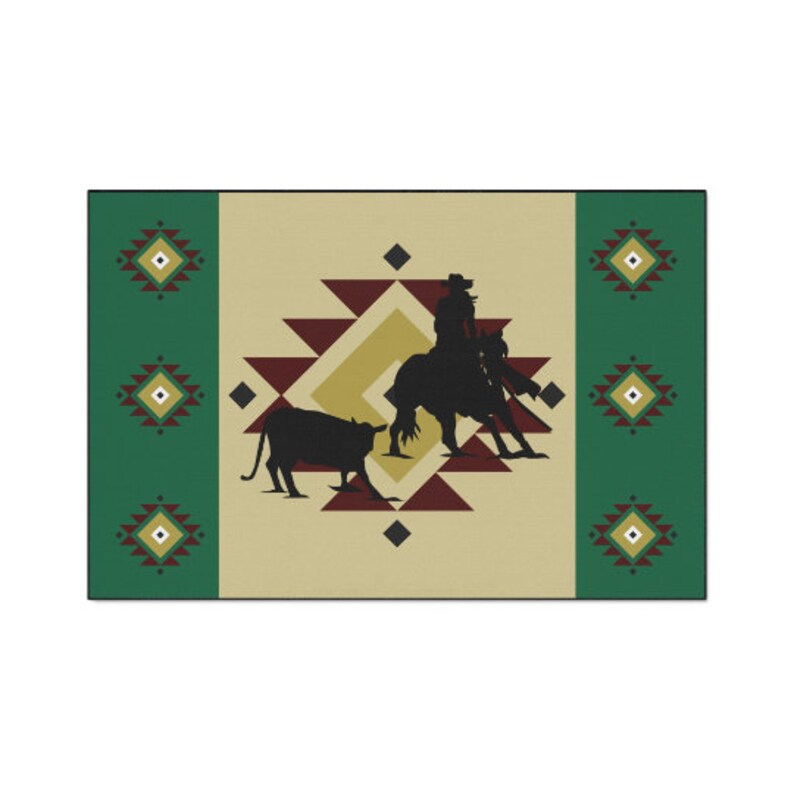 May include: A green, tan, and maroon rug with a geometric pattern. A silhouette of a cowboy riding a horse and herding a cow is in the center of the rug.