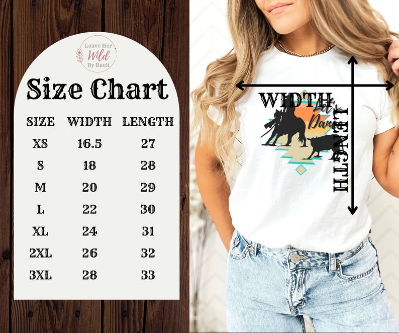 Op de afbeelding: Maattabel voor een wit T-shirt met een afbeelding van een cowgirl die een paard berijdt en de tekst "Let's Dance". De tabel toont maten XS tot 3XL met bijbehorende breedte- en lengtemaat in inches.