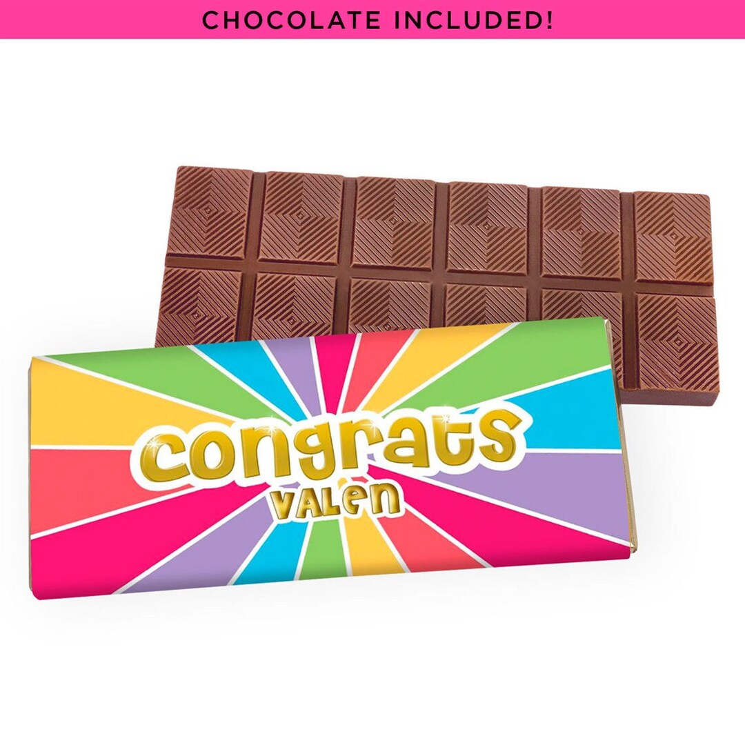 Congrats Rainbow Belgian Candy Bar 2 Oz. Chocolate Bar Custom Wrapper Incl. Min. Order 12 Units